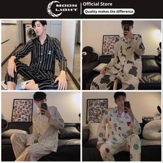 Bộ đồ ngủ dài tay Đồ ngủ nam Bộ Pijama vải lụa Statin in hoạt hình thời trang mùa thu đông