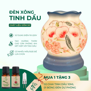 [Tặng bóng dự phòng] Đèn xông tinh dầu gốm Bát Tràng - Kèm 02 chai tinh dầu 10ml nguyên chất hương tùy chọn