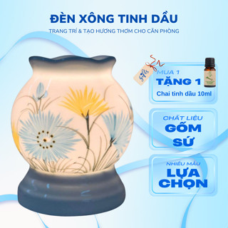 Đèn xông tinh dầu gốm Bát Tràng - Tặng kèm chai tinh dầu 10ml nguyên chất (hương tùy chọn)