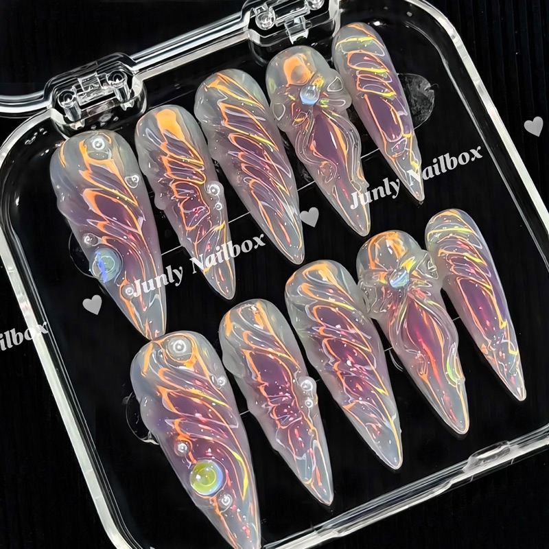 Nailbox tráng gương cực quang nơ hồng JUNLY - nail box thiết kế móng giả hồng ombre vẽ nổi 178