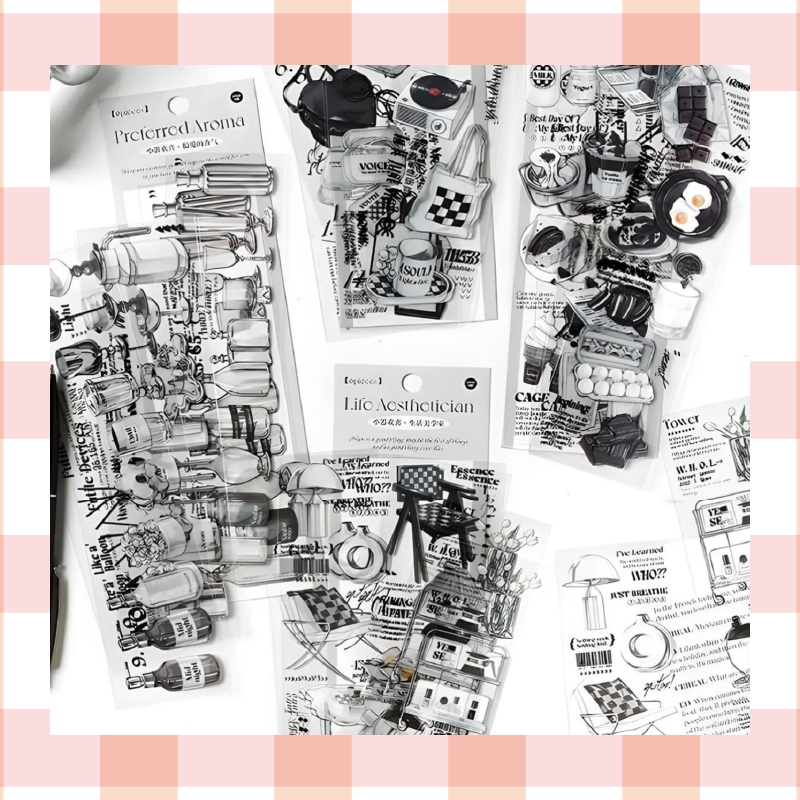 ✨ Set 6 Tờ Sticker Aesthetic Trắng Đen Hàn Quốc ✨