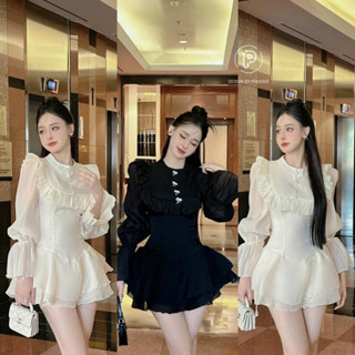 Đầm váy thiết kế váy tay dài bồng cổ tròn viền bèo đính phụ kiện nơ kèm lót quần cho nàng đi tiệc đi chơi sang xịn mịn