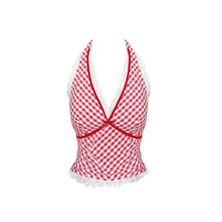 Áo yếm lẻ caro cổ chữ V form ôm chun sau đính nơ đỏ lưng phong cách sexy mùa hè thời trang nữ Famos