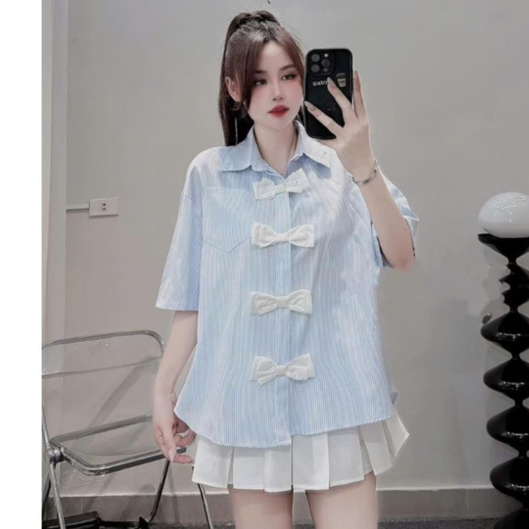 set áo sơ mi chân váy tennis có lót trong, áo sơ mi phối chân váy đính nơ S152 Luna Vintage