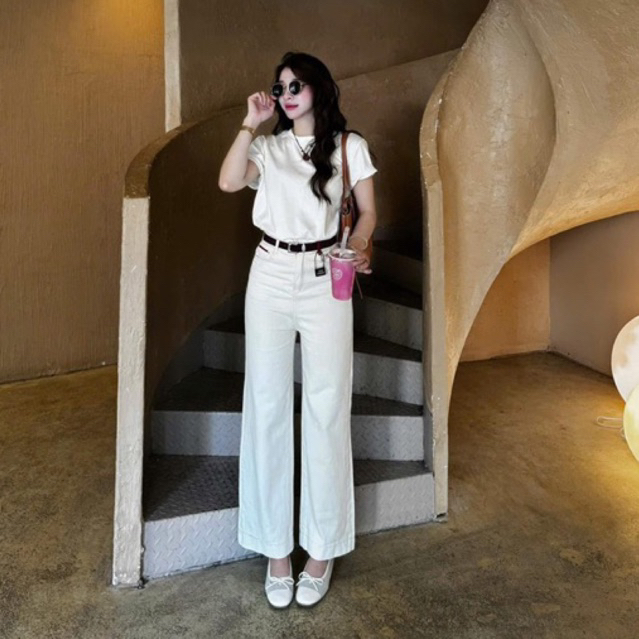 quần jean suông trắng 95cm kèm đai