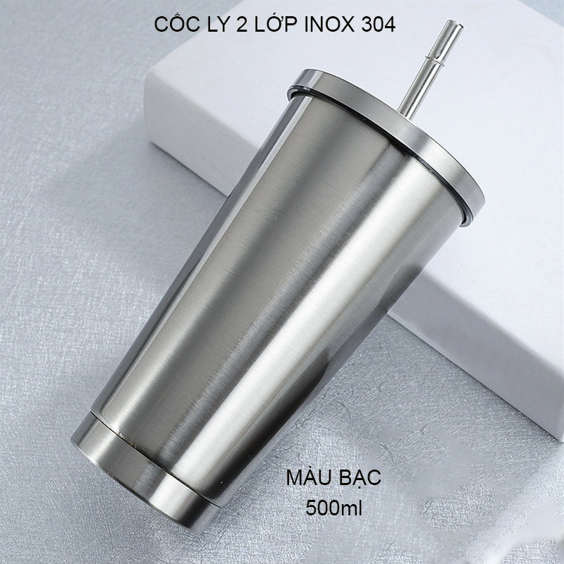 CỐC (LY) 2 LỚP INOX 304 CR500, CHỐNG NÓNG, CÓ NẮP VÀ ỐNG HÚT, CỠ LỚN 500ML, DÙNG ĐƯỢC TRÊN XE HƠI (K