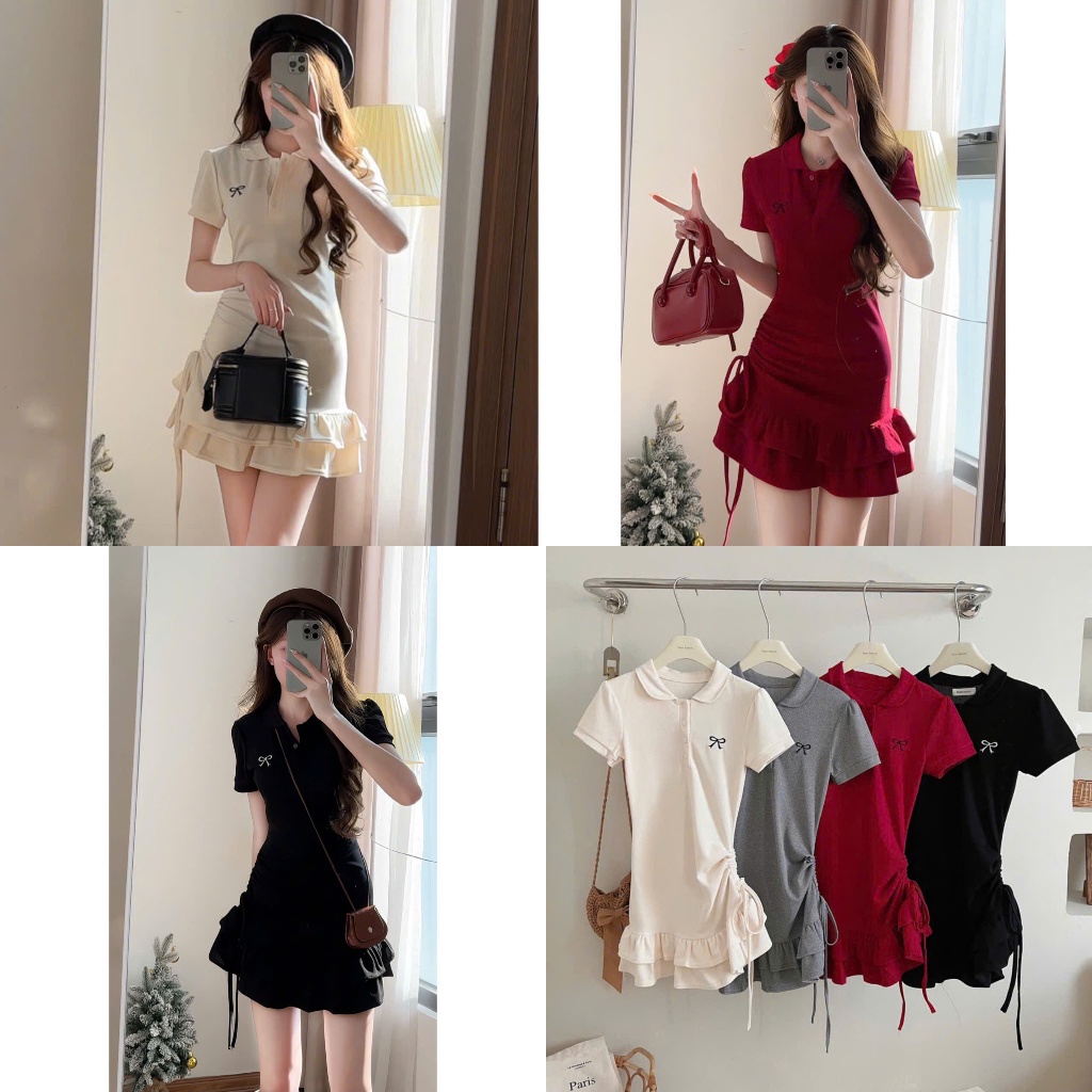 Váy Polo Ôm Body Rút Eo Phối Bèo Tầng 2 Lớp Kèm Quần, Thêu Nơ Ngực Hot Trend Đủ 4 Màu Không Kén Da (