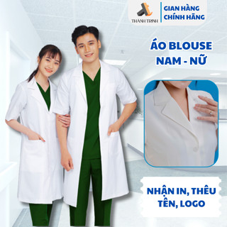 Áo Blouse trắng dáng dài ngắn tay, dài tay nam, nữ cho bệnh viện, phòng khám, bác sĩ, dược sĩ, spa - THÀNH TRINH