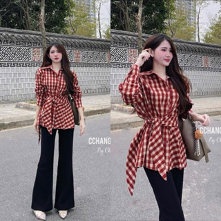 Áo Sơ Mi Hoạ Tiết Kẻ Buộc Vạt Chất Liệu Cotton 2 Màu Đỏ Đen A57