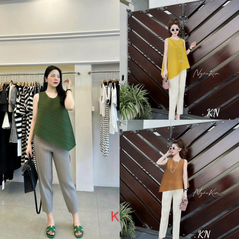 Sét áo lò xo sát nách vạt lệch + quần xuông lỡ (nhiều màu)