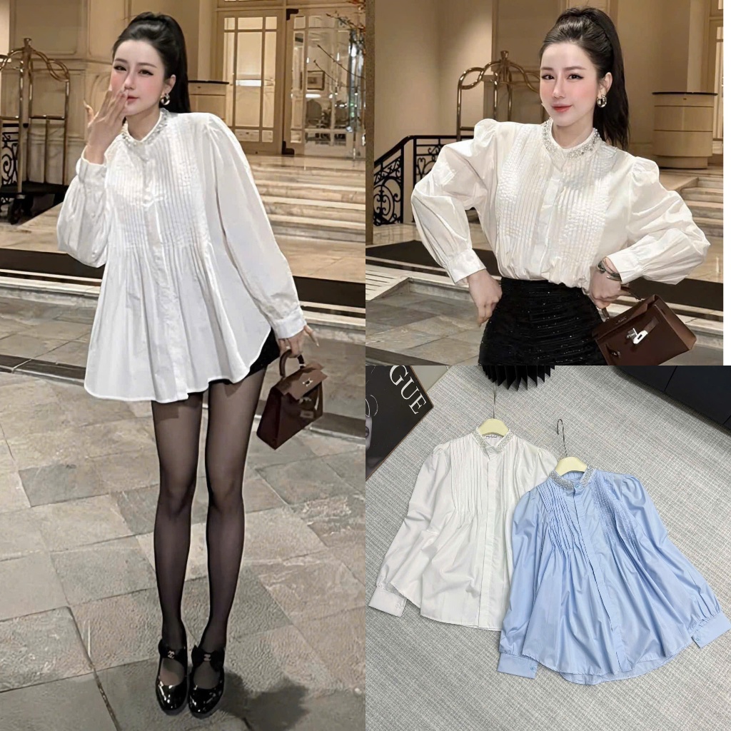 [Hàng Shop]: Áo Sơ Mi Thô Nến Babydoll Cổ Đá Ngọc Dập Ly Ngực 2 Màu Xinh Xỉu (Ảnh Thật Trải Sàn) Lol