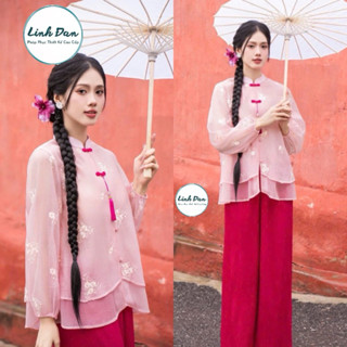 Bộ pháp phục bộ quần áo lam đi chùa chất liệu tơ thêu hoa ánh kim đính cham 2 lớp cao cấp