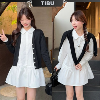 Set Đầm Babydoll Viền Nhún Kèm Áo Khoác Cardigam TIBU Set Đồ Nữ Tiểu Thư Trắng Đen Sang Chảnh Đơn Giản Đi Chơi B295