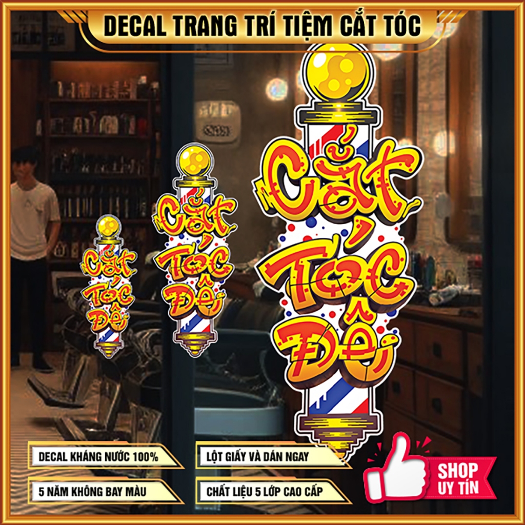 Miếng dán chữ CẮT TÓC ĐÊ decal trang trí tiệm salon tóc nam barber shop decor cửa kính