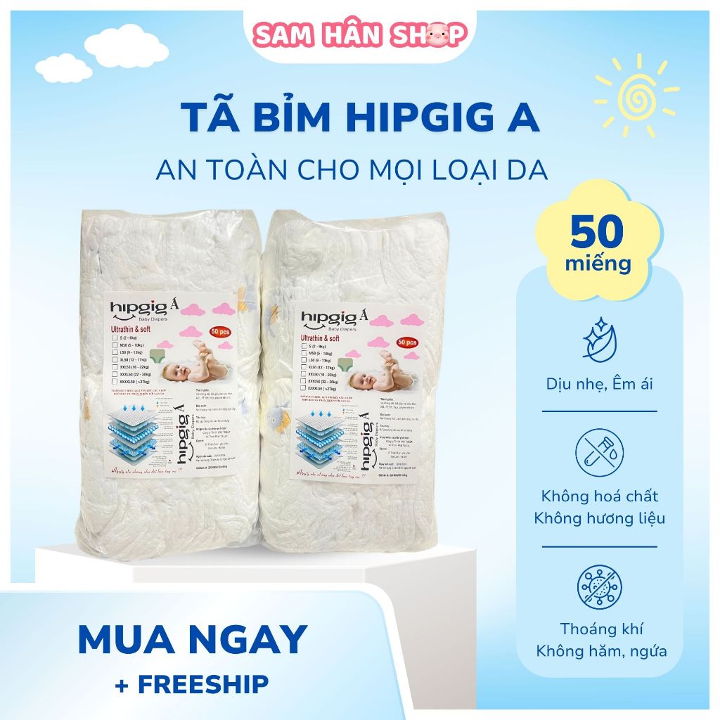 Combo 100 miếng Tã Bỉm Dán Hipgig a mềm mại thấm hút tốt, Tã Bỉm Dán 100 miếng giá rẻ cho bé