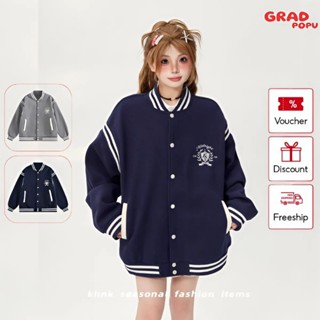  Áo khoác bóng chày nữ GRADPOPU PAK37 phối màu kẻ sọc dáng rộng thể thao chất nỉ dày dặn giữ ấm tốt 