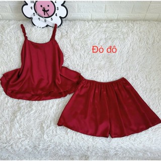  Freesize 60Kg - 90Kg Bộ Đồ Ngủ Nữ Vải Lụa Satin 2 Dây Thắt Bính Không Mút Áo 2 Lớp Quần Đùi Dằn Đáy Quần Áo Ngủ 