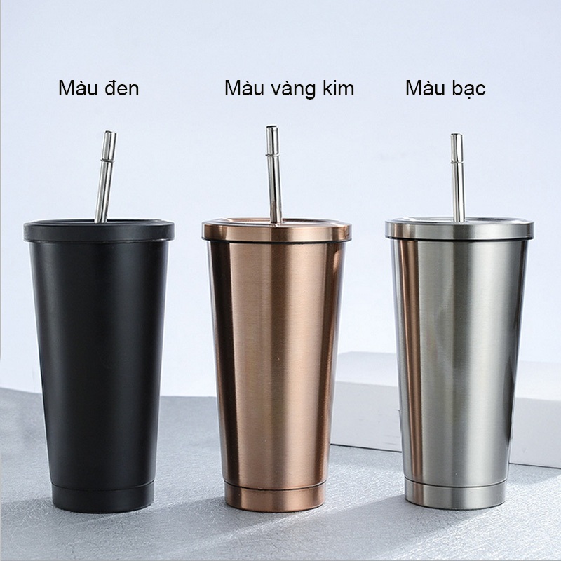 CỐC (LY) 2 LỚP INOX 304 CR500, CHỐNG NÓNG, CÓ NẮP VÀ ỐNG HÚT, CỠ LỚN 500ML, DÙNG ĐƯỢC TRÊN XE HƠI