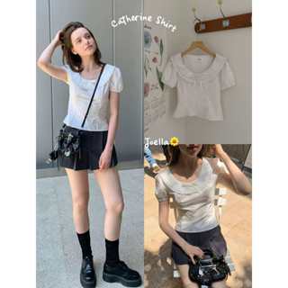 🌼 Joella: Catherine Shirt Áo sơ mi nữ trắng ngắn tay lolita tay phồng cột nơ cổ phối ren