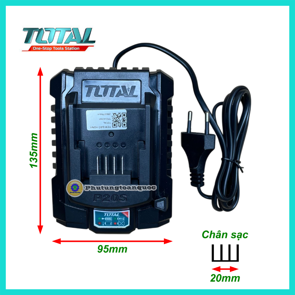 Cốc Sạc Pin Chính Hãng TOTAL 20V - P20S Sử Dụng Sạc Chung Pin Của Hãng INGCO (Cam Kết Chính Hãng TOT