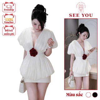 Váy Tơ Hot Girl Đi Tiệc Sang Chảnh See You Thiết Kế Cổ V Tay Bồng Chiết Eo Dáng Xòe Kèm Chân Váy Tafta Sexy Dạo Phố