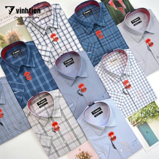 Áo Sơ Mi Nam Vải Sợi Tre Bamboo Ngắn Tay Sọc Caro Vạt Bầu Form Regular Vĩnh Tiến 365 - Nhiều Màu