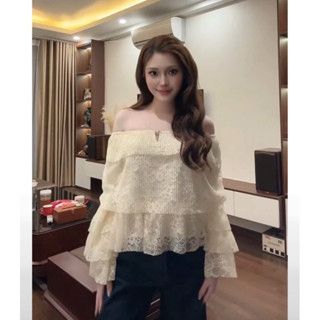 ( Hàng Chuẩn Ảnh ) Áo Trễ Vai Tay Lửng Voan Tầng Chất Tơ  Ren Nữ Tính Basic Dễ Phối