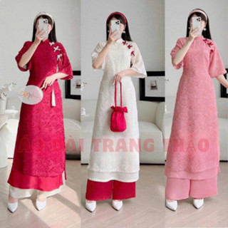 Áo Dài Cách Tân ( LÔNG VŨ ) 4 Tà Đính NƠ Cách Điệu Áo Dài Đẹp Chụp Hình Tiểu Thư Màu Đỏ Hồng Và Kem