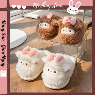 Dép bông xù dép nữ mùa đông dép dễ thương dép sục lông CỪU ĐEO NƠ