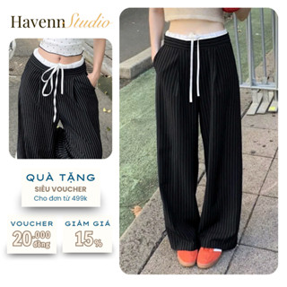 Quần dài nữ kẻ sọc phối cạp chun trắng ống rộng xếp ly UNISEX1 QS001