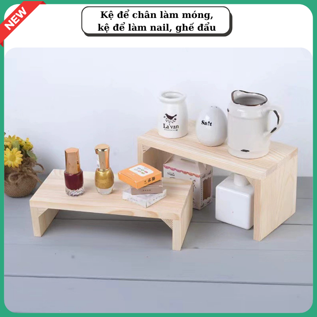 Kệ gỗ để chân làm móng, kệ để làm nail, ghế đẩu, gế gỗ tự nhiên gỗ thịt chắc chắn