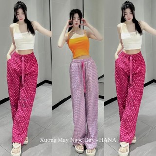 Quần ống suông nữ họa tiết trái tim Đỏ Hồng Xanh dáng quần ống rộng mùa Hè vải đũi xốp mềm mát đi biển ở nhà ngủ học thể