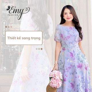 Đầm Maxi EMY Đi Biển Cao Cấp EM9408 Dáng Xòe Tiểu Thư Cổ Tròn Tay Phồng, Hoa Tím Thanh Lịch