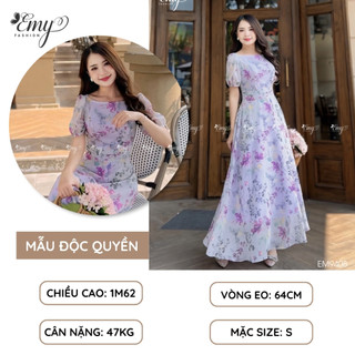 Đầm Maxi EMY Đi Biển Cao Cấp EM9408 Dáng Xòe Tiểu Thư Cổ Tròn Tay Phồng, Hoa Tím Thanh Lịch