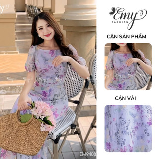Đầm Maxi EMY Đi Biển Cao Cấp EM9408 Dáng Xòe Tiểu Thư Cổ Tròn Tay Phồng, Hoa Tím Thanh Lịch