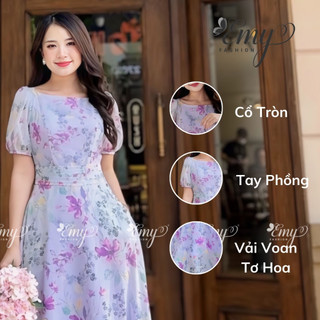 Đầm Maxi EMY Đi Biển Cao Cấp EM9408 Dáng Xòe Tiểu Thư Cổ Tròn Tay Phồng, Hoa Tím Thanh Lịch