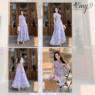 Đầm Maxi EMY Đi Biển Cao Cấp EM9408 Dáng Xòe Tiểu Thư Cổ Tròn Tay Phồng, Hoa Tím Thanh Lịch
