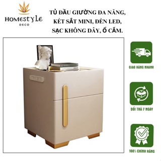 Tủ Đầu Giường Kiêm Két Sắt, Có Đèn Tích Hợp Sạc Không Dây Và Ổ Cắm, Tủ Đầu Giường Đa Chức Năng, Két Sắt Mini 117