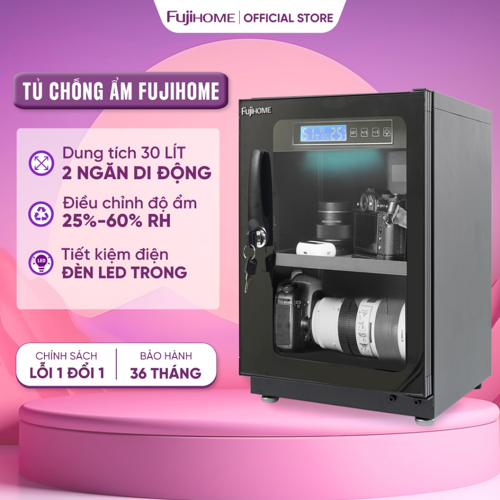Tủ chống ẩm máy ảnh 30 Lít điện tử FUJIHOME bảo hành 3 năm, tủ hút ẩm 30L 3 ngăn điều chỉnh % độ ẩm 