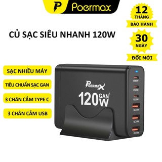 Củ sạc siêu nhanh Poermax 120w/160w/268w/500w có 6 cổng cắm gồm 3 cổng cắm type-C và 3 cổng cắm usb
