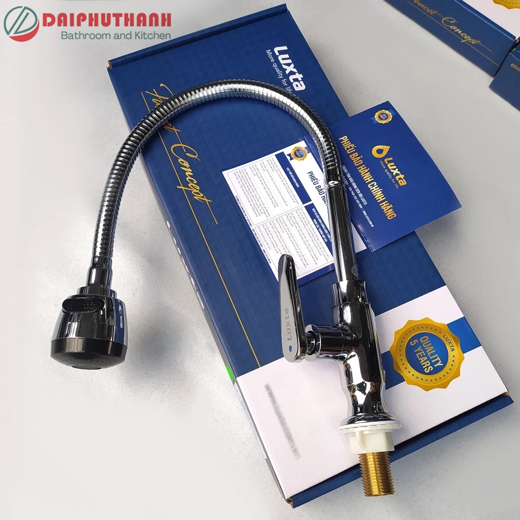 Vòi Bếp Vòi Rửa Chén Bát Lạnh Chính Hãng LUXTA Mạ Crome Sáng Bóng - Nhiều kiểu vòi, thân tròn, lò xo uốn dẻo,..