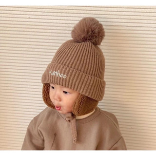 Mũ len dệt kim THÊU TÊN cho bé lót lông, bịt tai siêu ấm