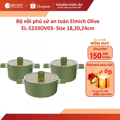 Bộ nồi phủ sứ an toàn Elmich Olive EL-5220/5233OV03- Size 18,20,24cm