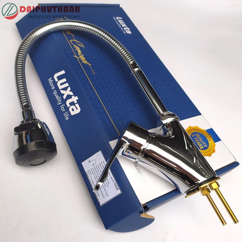 Vòi Bếp Vòi Rửa Bát Nóng Lạnh Đồng Thau Mạ Crome LUXTA L3203B - Thân lò xo uốn dẻo, đầu vòi 2 chế độ, tặng dây cấp