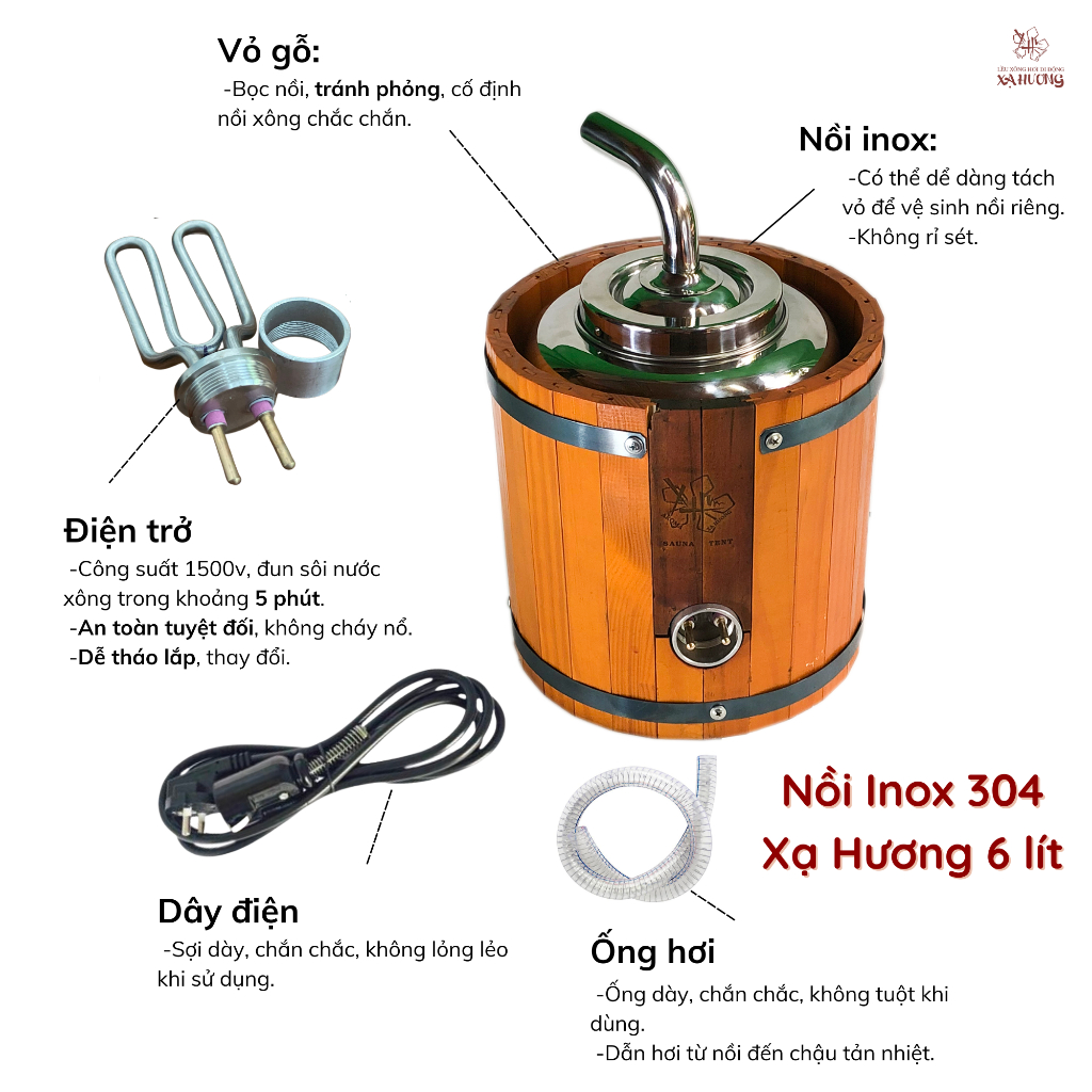 Nồi Xông Hơi XẠ HƯƠNG, nồi Xông Inox bọc gỗ  (6 lít), Bộ Nồi Xông Xạ Hương
