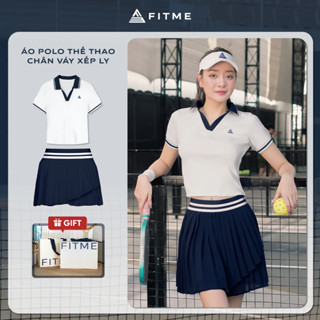 Bộ đồ Pickleball, cầu lông, tennis nữ Fitme ES áo polo Trắng Navy tôn dáng, chân váy xếp ly 3 lớp Navy năng động