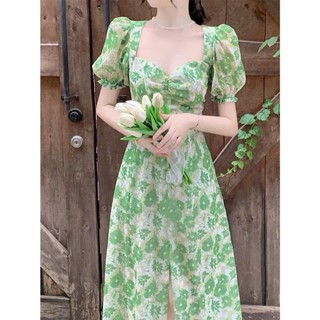 [tặng thun tóc] đầm maxi tiểu thư tay phồng màu xanh lá họa tiết hoa có mút ngực maxi voan hoa TVH11