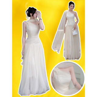Đầm váy trắng tiểu thư công chúa lệch vai voan lưới 3 lớp choker cổ tà dài đính hồ điệp 45-65KG bigsize sát nách VELIN