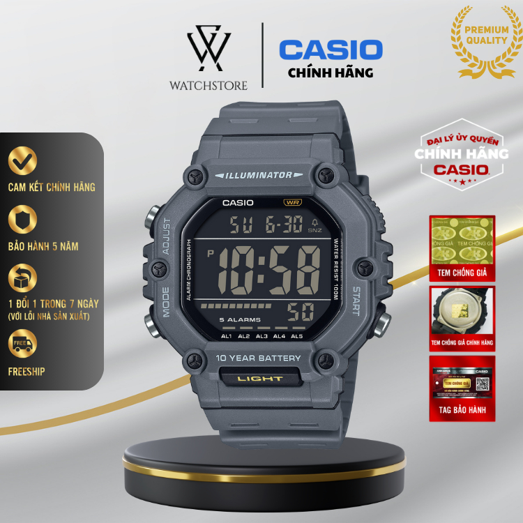 Đồng Hồ Điện Tử Nam Casio AE-1600H-8BVDF Màu Ghi Mặt Kính Nhựa 49.7mm Chống Nước Dây Nhựa Chính Hãng