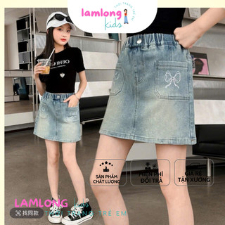  Chân váy jean cho bé gái 13-45kg Quần giả váy jean chữ A thêu nơ dáng ngắn cõ giãn mềm mại  QV4 